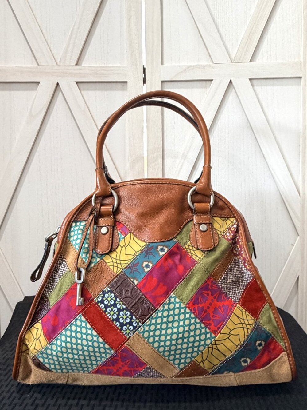Fossil Large Patchwork Satchel Handbag Multicolor Leather Fabric Boho Purse